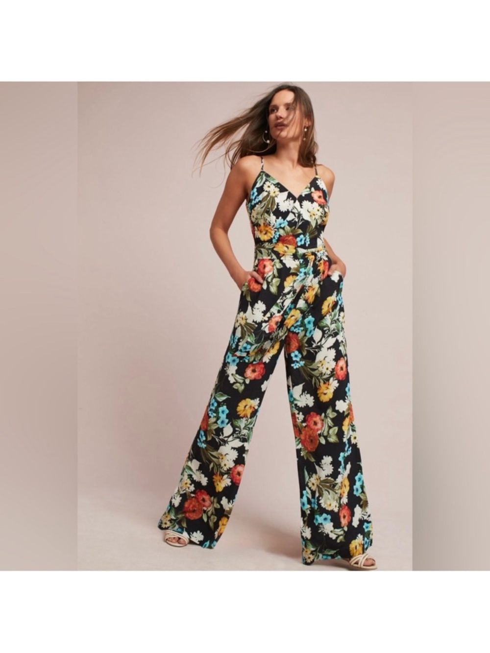 Anthropologie Yumi Kim Black Floral Wide-Leg Jumpsuit